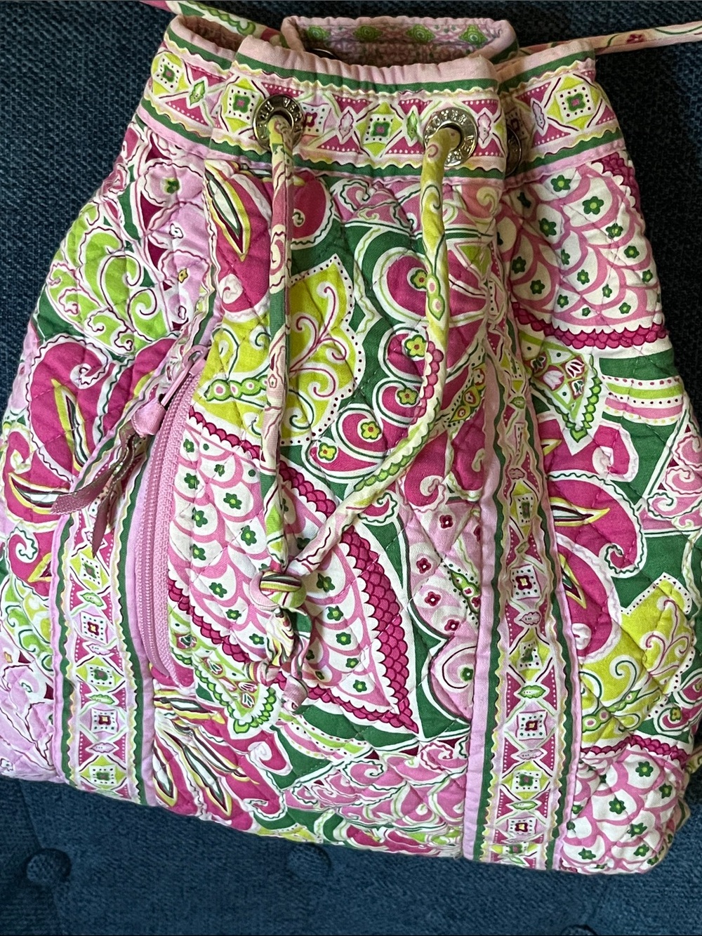 Vera Bradley Quilted Floral Drawstring Backpack in Pink, Green, Cream